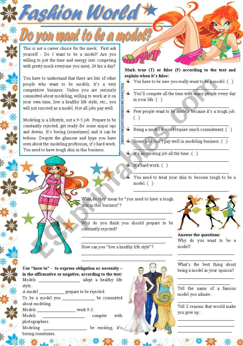 Fashion World  Do you want to be a model? - reading comprehension, have to [text + 4 tasks] ***editable